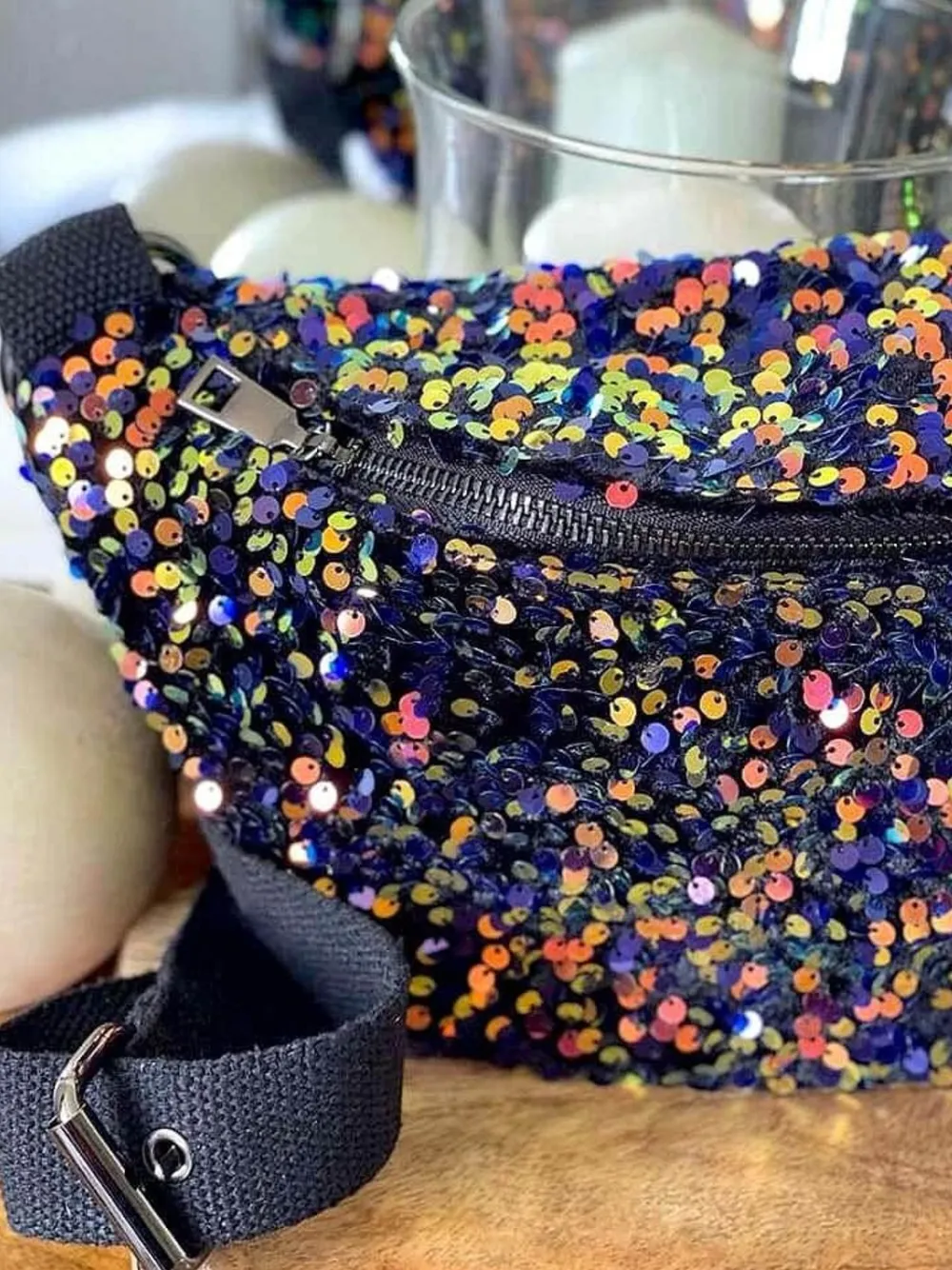 Fashion Sac Banane Bleu Peche A Sequins Laumy Femmes Sac Banane