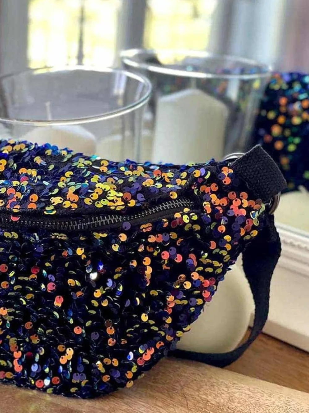 Fashion Sac Banane Bleu Peche A Sequins Laumy Femmes Sac Banane