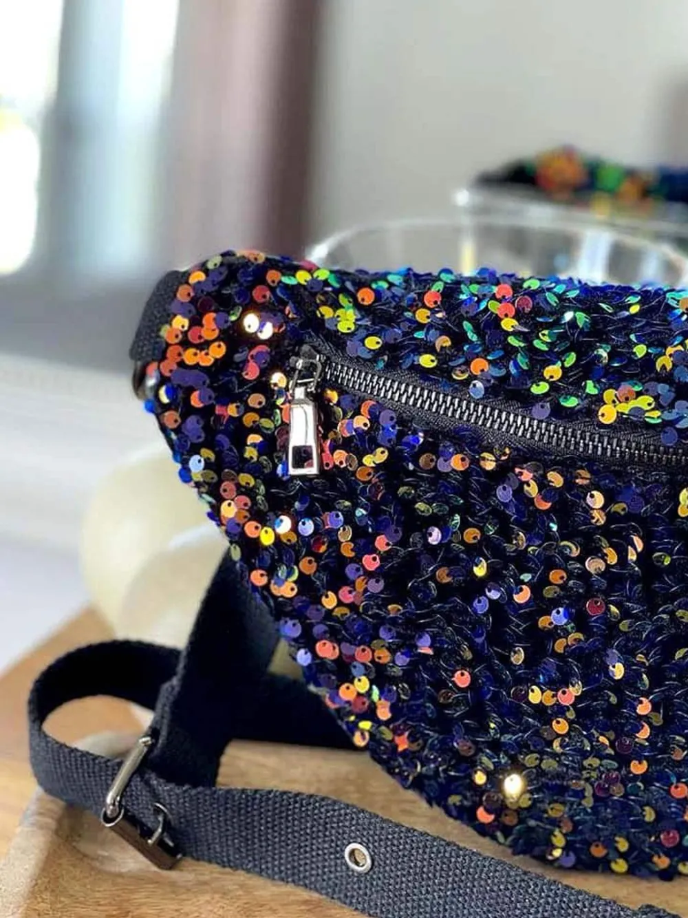 Fashion Sac Banane Bleu Peche A Sequins Xl Laumy Femmes Sac Banane