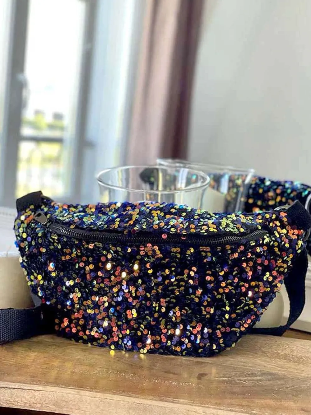 Fashion Sac Banane Bleu Peche A Sequins Xl Laumy Femmes Sac Banane